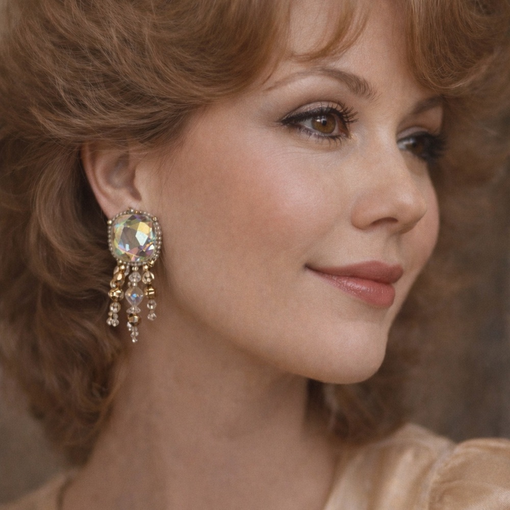 (B20) Chipita AB Crystal Beaded Fringe Chandelier Earrings Gold Tone